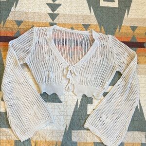 Cropped Open-Knit Tie-Front Cardigan Sweater in White